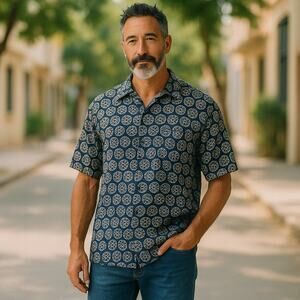 Men’s Perry Ellis Silk Short Sleeve Casual Button Down Resortwear Vacation XL